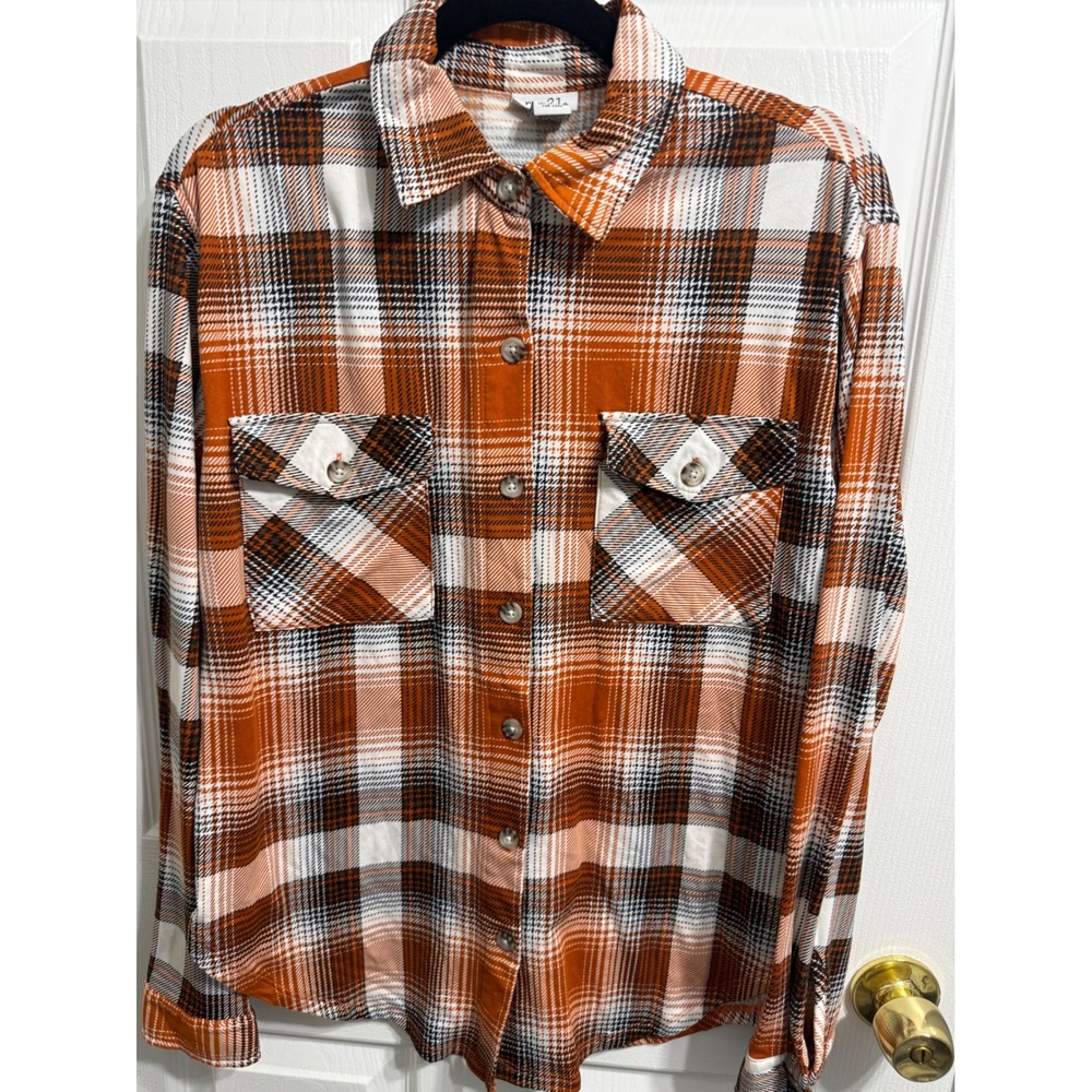 Rue21 Womens Orange Plaid Button Down Shirt Long Sleeve Size M Pocketed Flannel